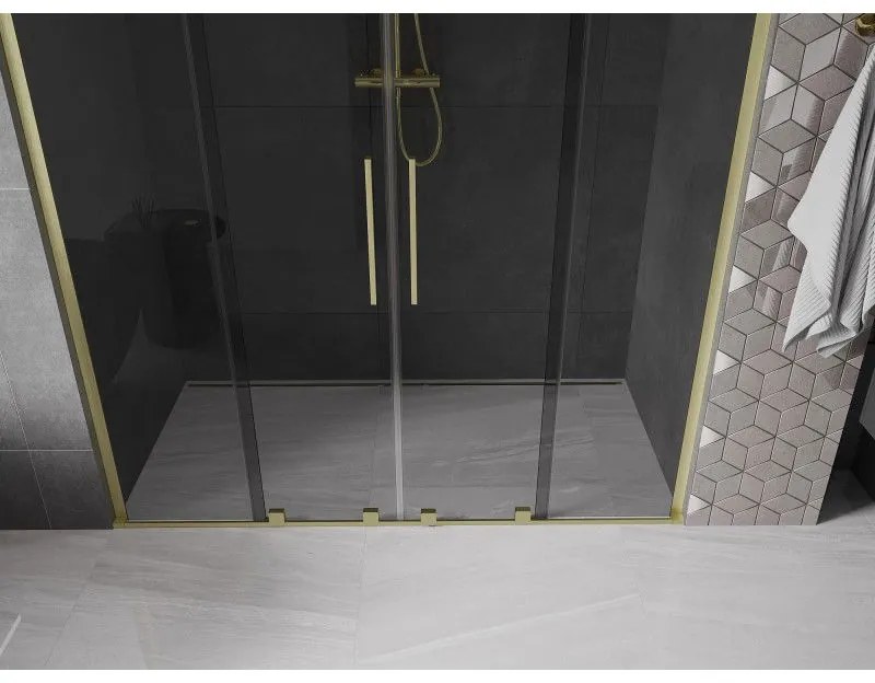 Mexen Velar L Duo, posuvné sprchové dvere do otvoru 180 cm, 8mm šedé sklo, zlatá matná, 871-180-003-42-55