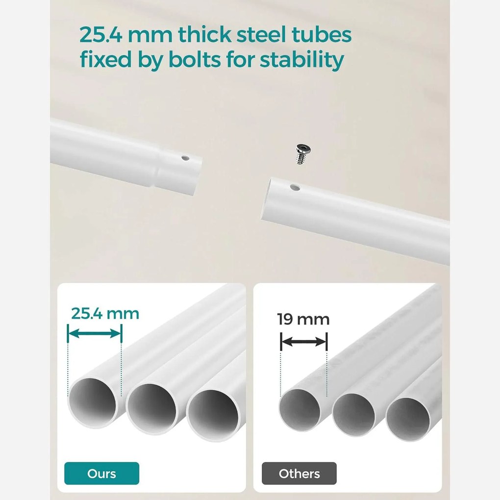 Stojan na šaty, dvojitá tyč, kovový, s policou, biely