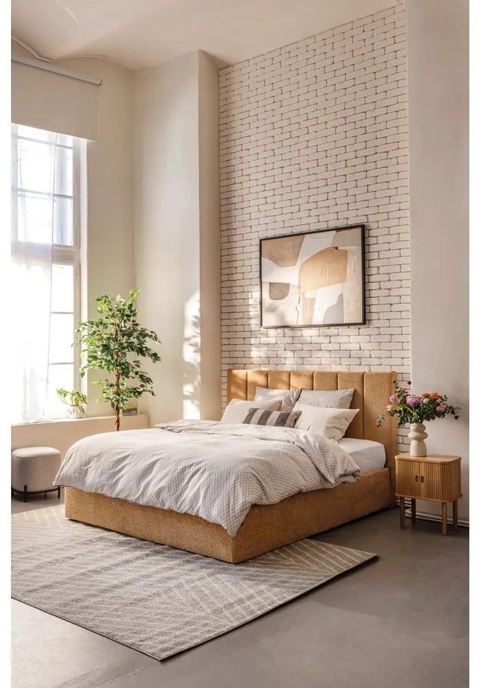Čalúnená dvojlôžková posteľ s úložným priestorom s roštom 160x200 cm v horčicovej farbe Thessa Bold Line – Bonami Selection