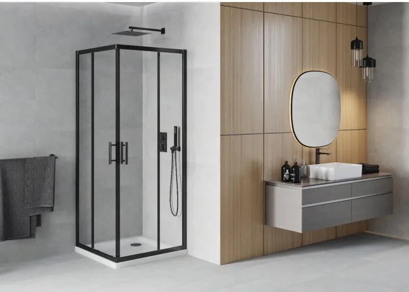 Mexen Rio, štvorcový sprchový kút 70 x 70 cm, 6mm číre sklo, čierny profil + biela sprchová vanička, 860-070-070-70-00-4010B