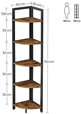 Rohový regál, industriálny, 5 políc, 150x30x30cm