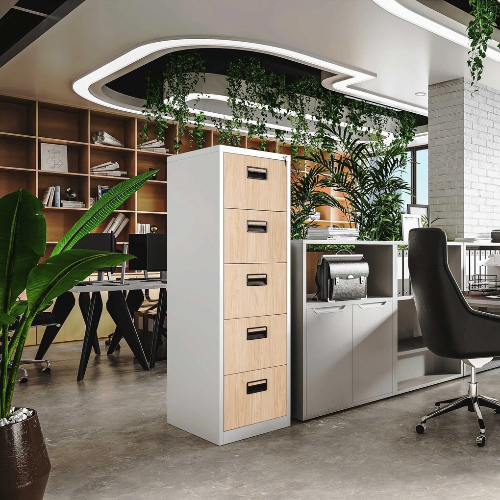 Kovová kartotéka, 5 zásuviek SARA V5, 460 x 1625.5 x 620 mm, Eco Design: biela/ dub sonoma