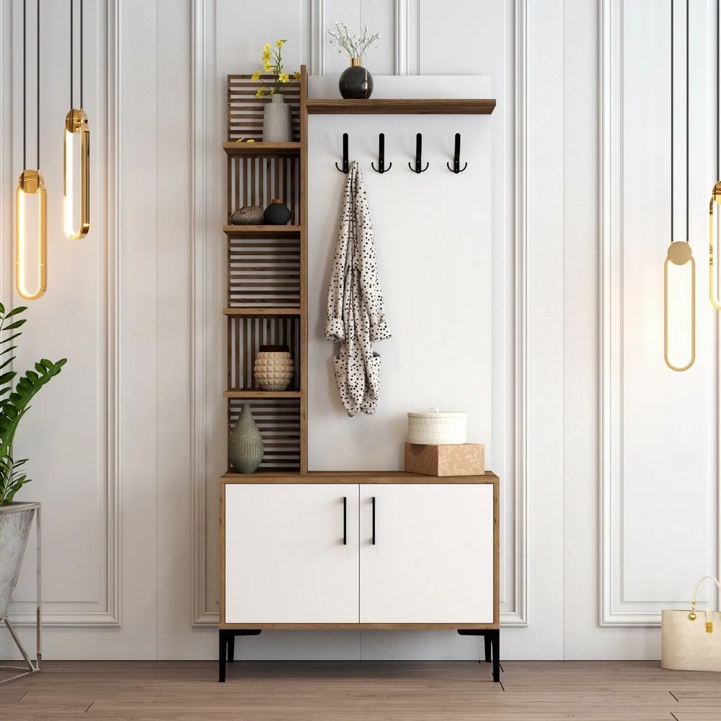 Vešiak s botníkom a policami Viyana Walnut and White