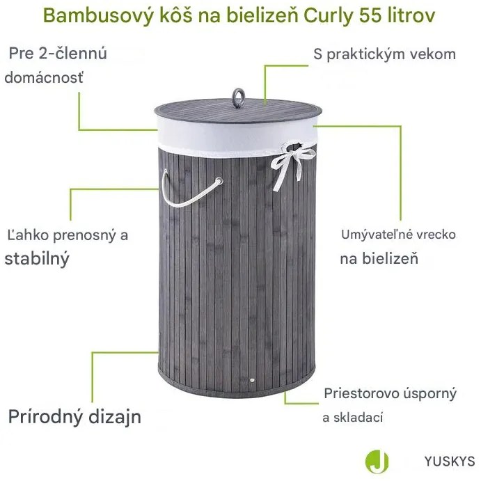 InternetovaZahrada Bambusový kôš na prádlo Curly Round 55 L - sivý