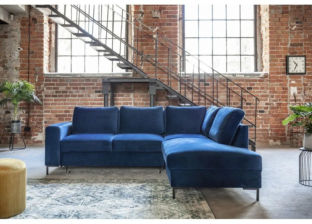 Tmavomodrá zamatová rozkladacia rohová pohovka (pravý roh) Lofty Lilly – Miuform