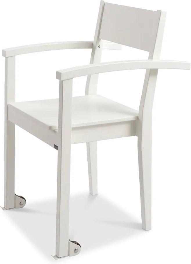 Biela ručne vyrábaná jedálenská stolička z masívneho brezového dreva s kolieskami Kiteen Joki