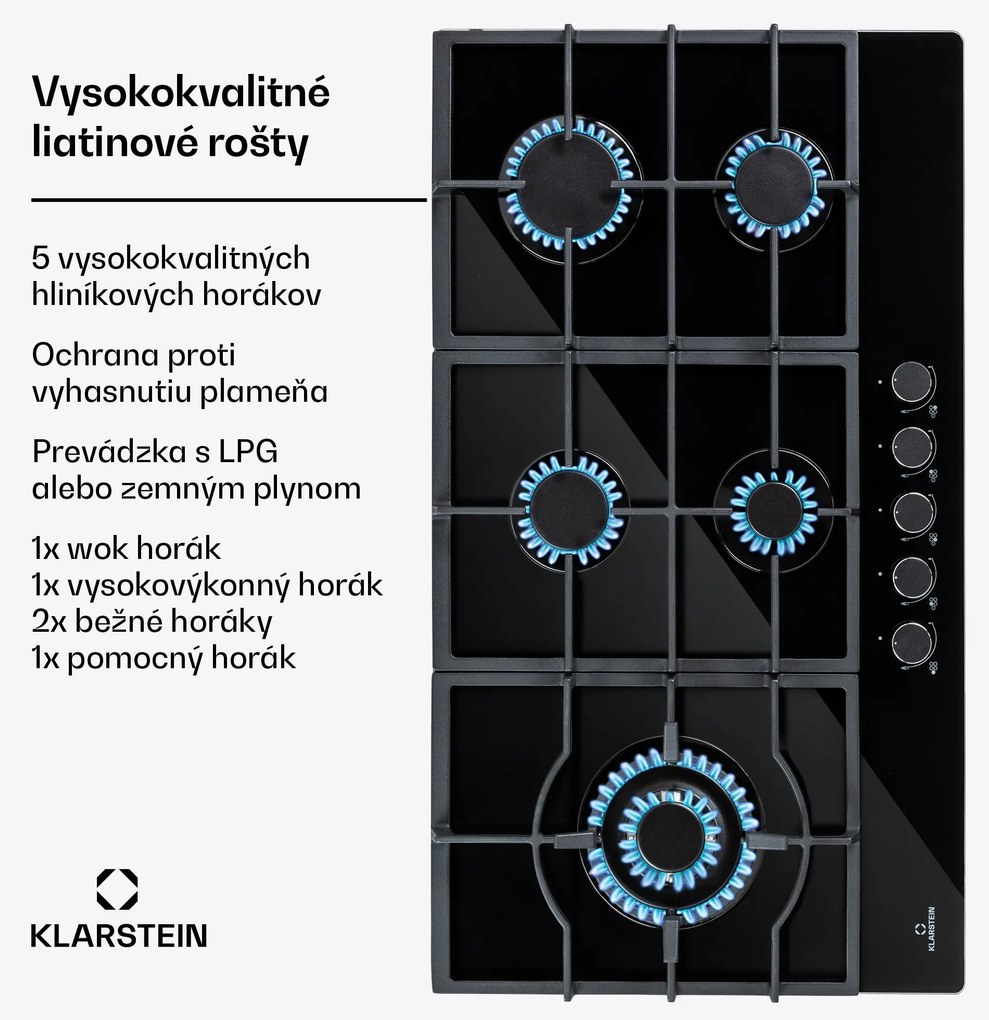 Klarstein Ignito Chef Edition, plynová varná doska, 5 Sabaf horákov, 5 zón, sklokeramika