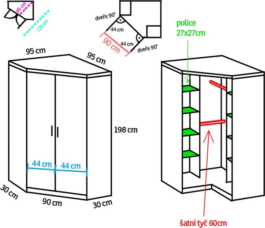 Rohová šatníková skriňa so zrkadlom Click, biela