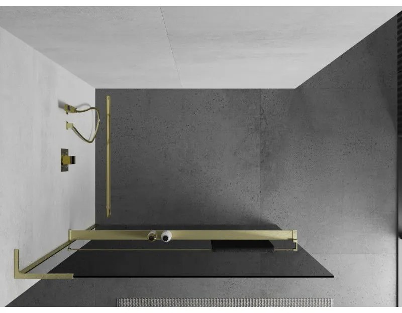 Mexen Kioto+ L, sprchová zástena Walk-In s poličkou a vešiakom 100 x 200 cm, 8mm šedé sklo, zlatý matný profil, 800-100-123-55-40