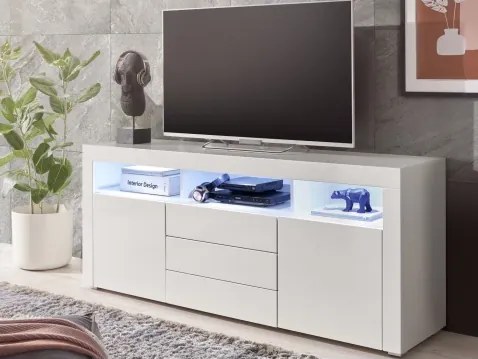 Široká TV skrinka Leeds, biela lesk, s osvetlením%