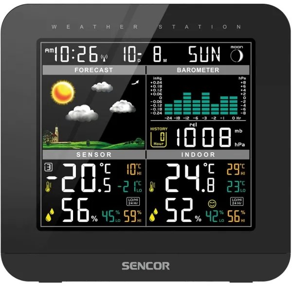 Sencor - Meteostanica s farebným LCD displejom a budíkom 3xAAA + 2x AA čierna