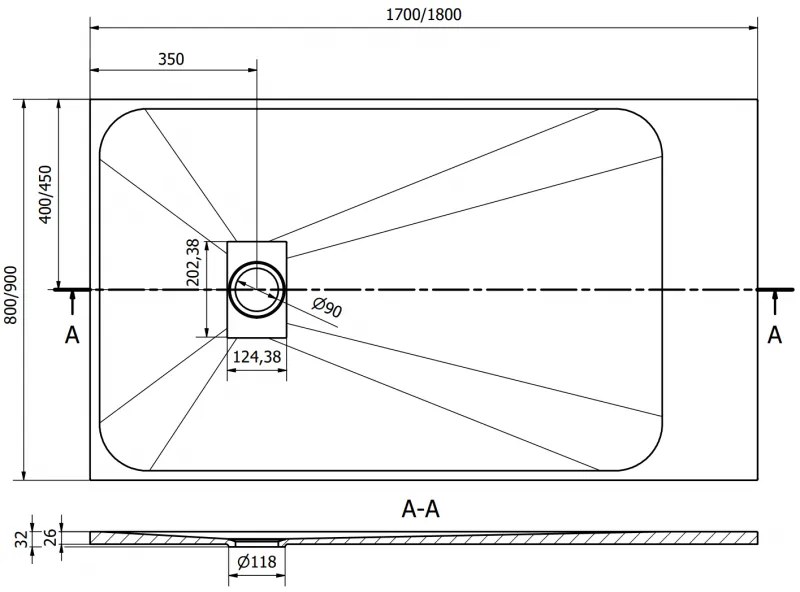 Mexen Hugo, obdĺžniková sprchová vanička SMC 180 x 80 cm, čierna, čierna krytka, 42708018-B