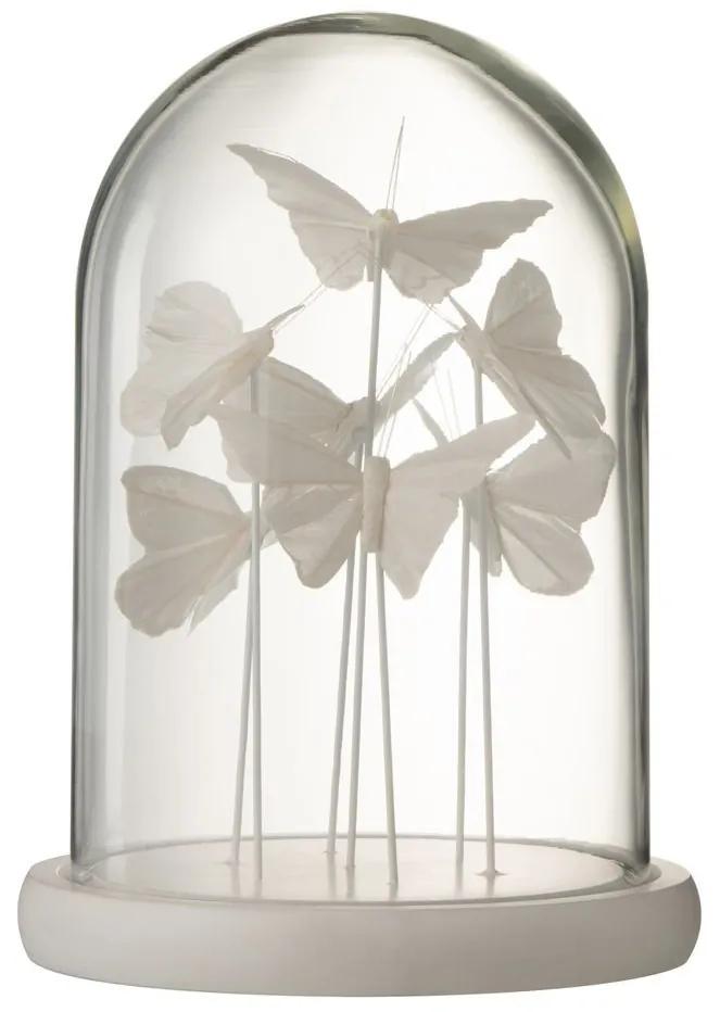 Dekoratívny sklenený poklop s bielymi motýľmi S - Ø 17,5*25,5 cm