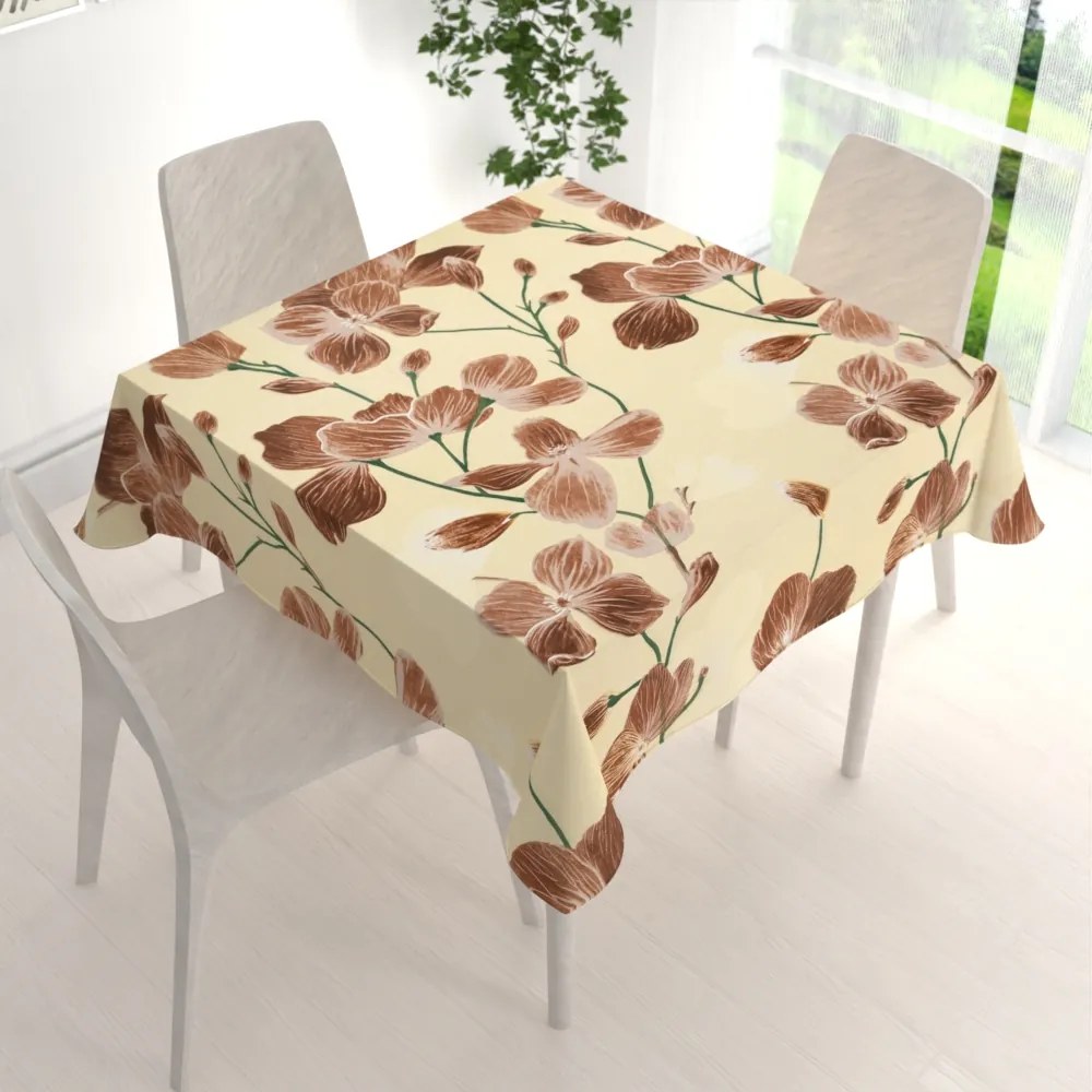 Biante Bavlnený štvorcový obrus Sandra SA-536 Hnedé orchidey na vanilkovo žltom 80x80 cm