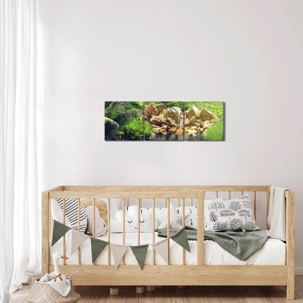 Obraz jazera v Seychelskej džungli (s hodinami) (90x30 cm)