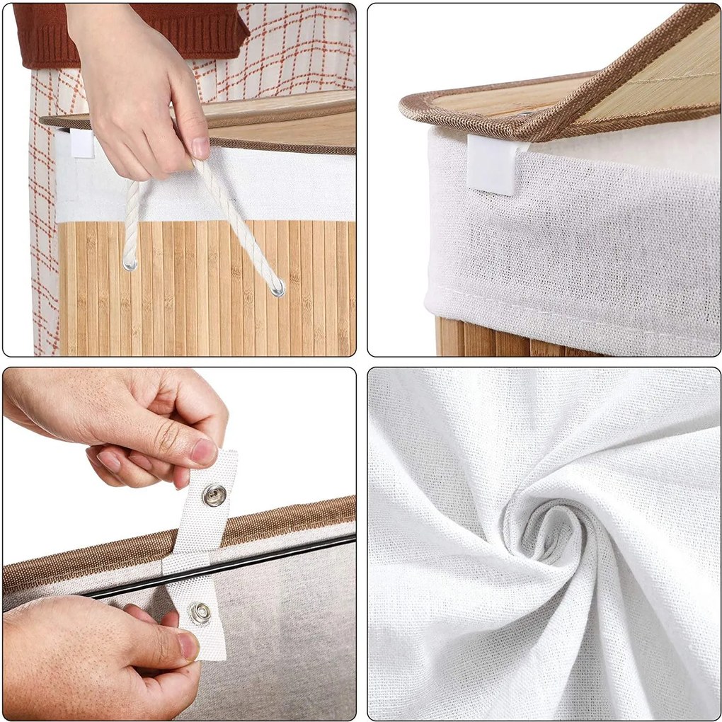 Kôš na bielizeň 150 L s 3 priehradkami, bambusový, 60 x 40 x 63 cm, prírodný