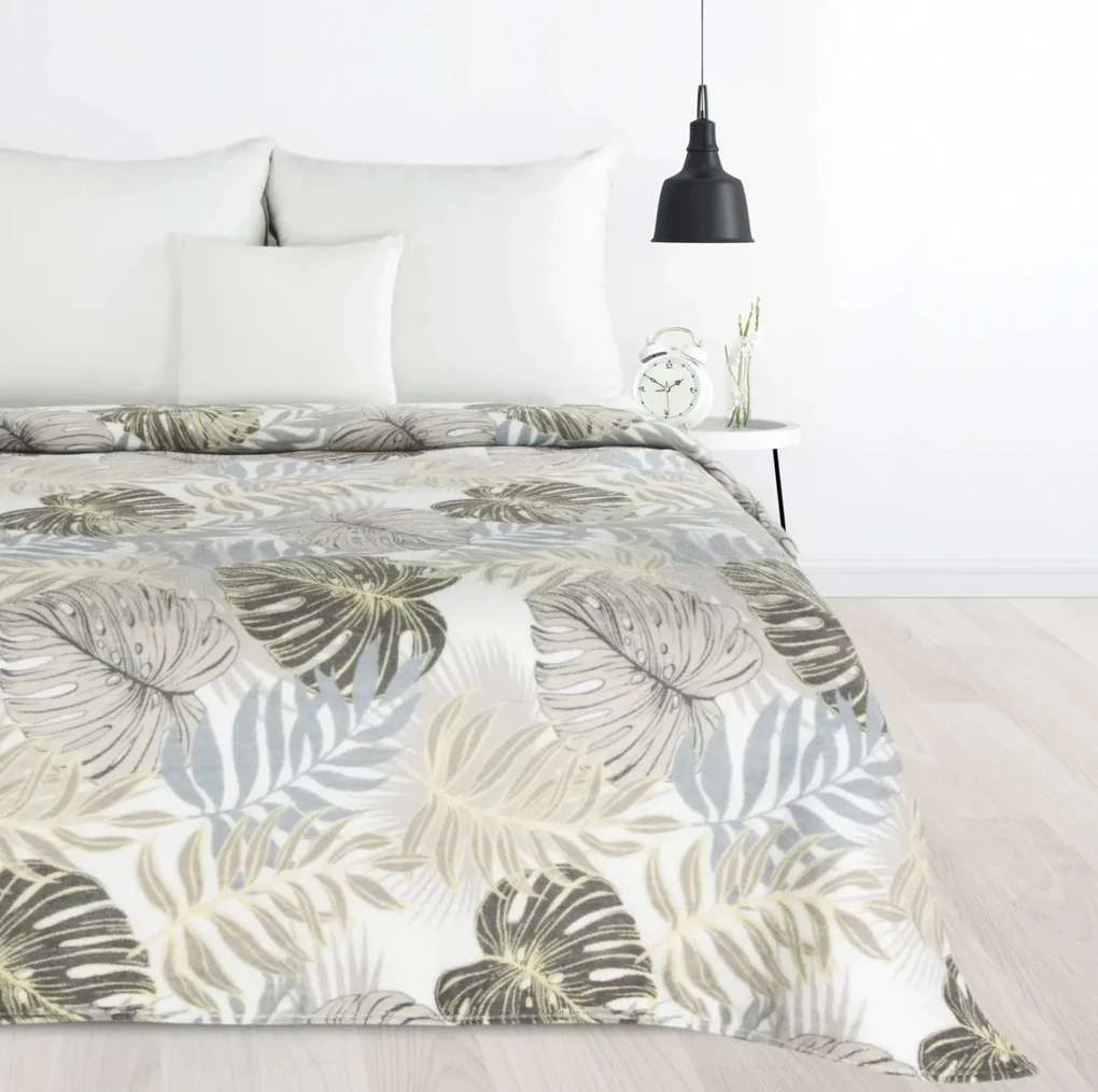 Deka Korfu s botanickým vzorom – béžové listy na bielom podklade, 150x200 cm