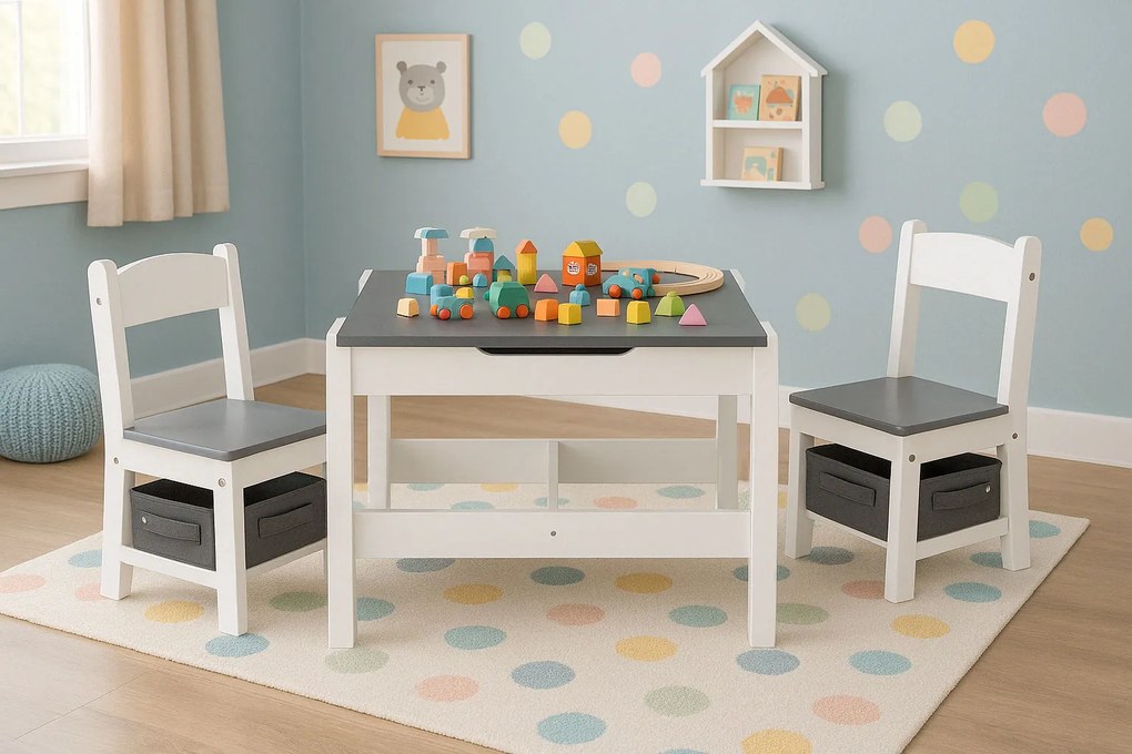 Zostava detského nábytku, stôl + 2 stoličky, kriedová tabuľa, ECOTOYS