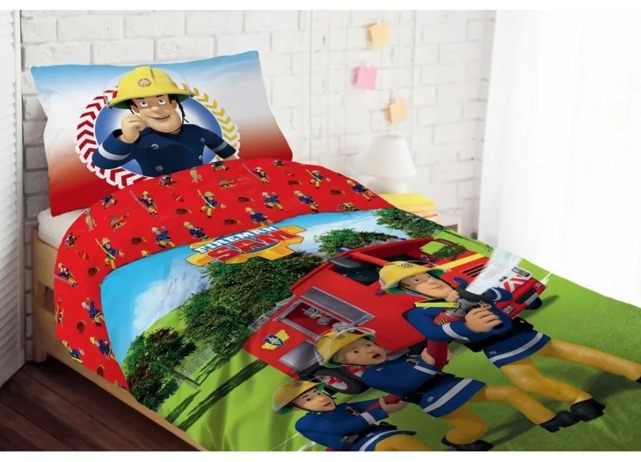 Bavlnené posteľné obliečky Požiarnik Sam - motív Hasičský zásah - 100% bavlna - 70 x 90 cm + 140 x 200 cm