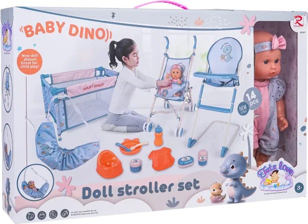 Bábika s kočíkom postieľkou a príslušenstvom - 14 dielov