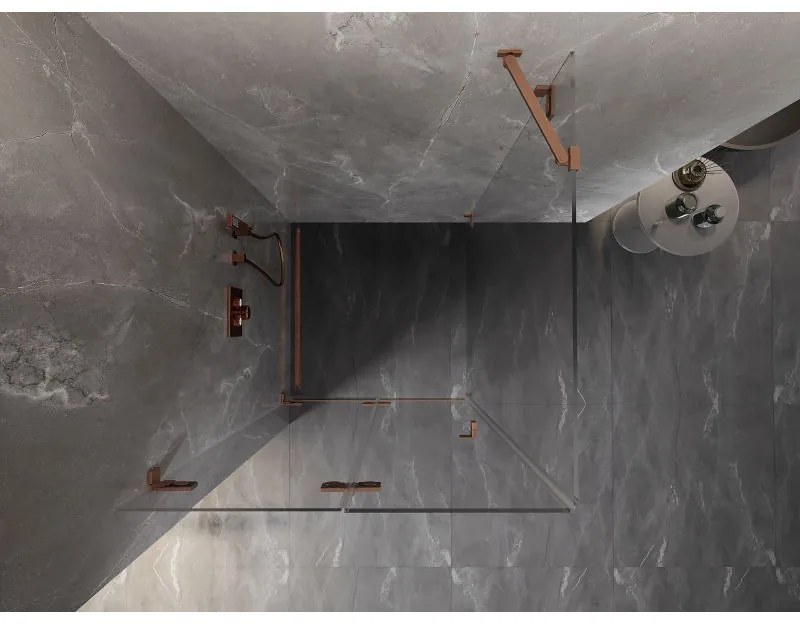 Mexen Lunar-F, 1-krídlový sprchový kút so skladacími dverami, ľavý, 80 x 80 cm, 8mm číre sklo, medený profil, 836-080-080-65-00-L