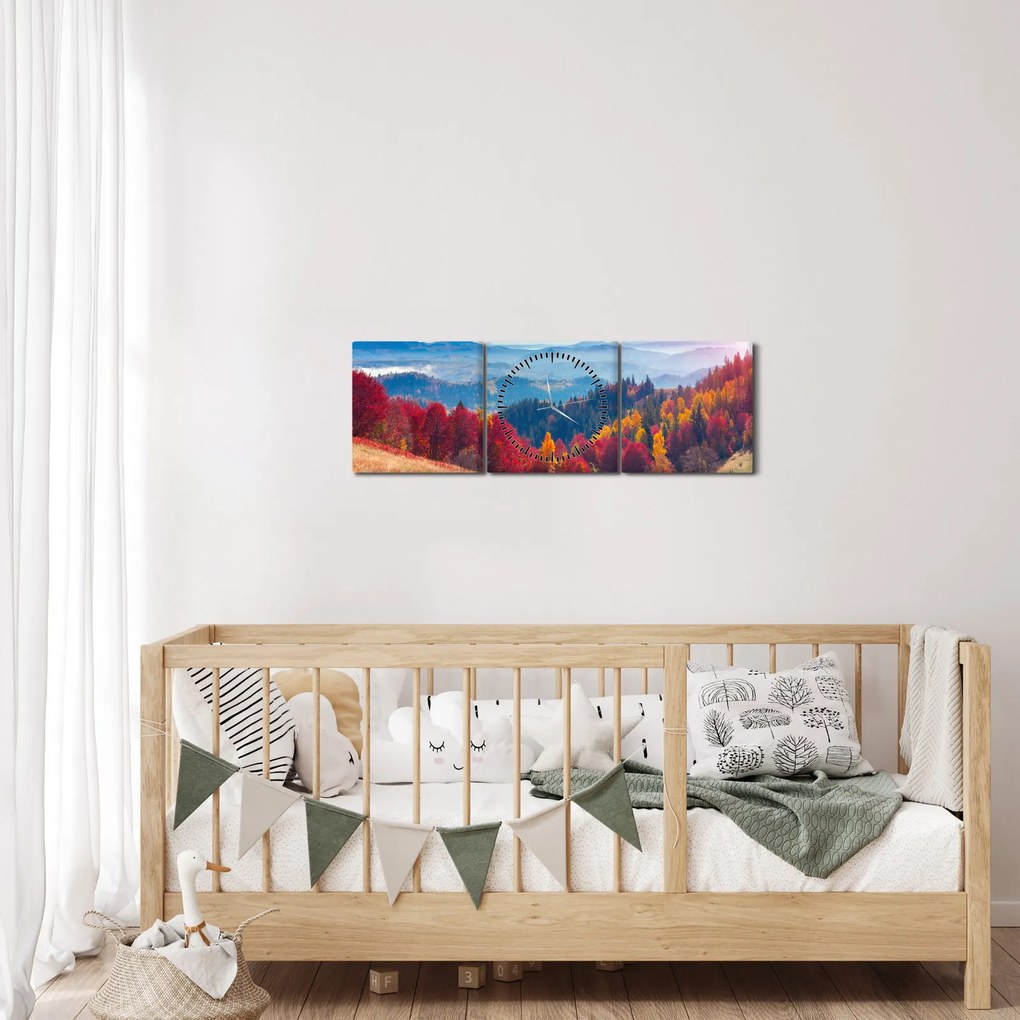 Obraz farebné jesenné krajiny (s hodinami) (90x30 cm)
