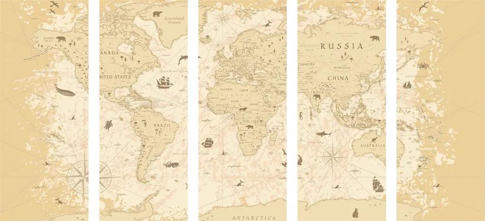 5-dielny obraz mapa sveta s historickým nádychom
