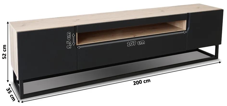 TV skrinka Loftia s kovovým podstavcom 200 cm - Dub artisan/čierny mat
