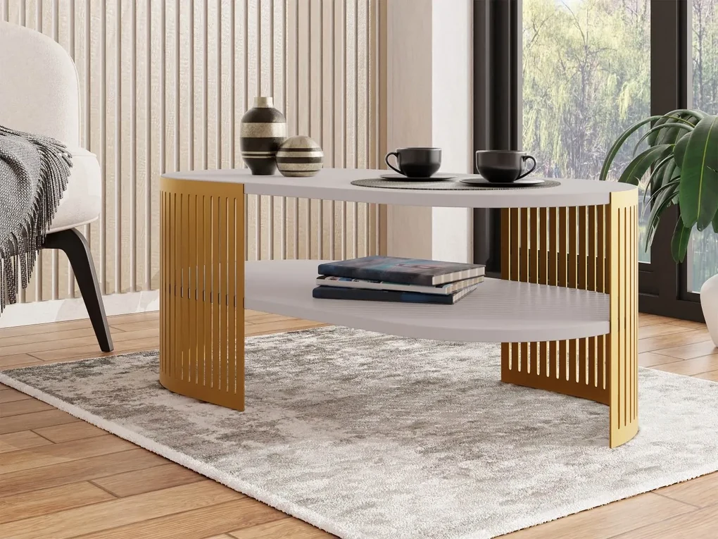 Konferenčný stolík Zinzit Gold II, Farba: zlatá/biely mramor