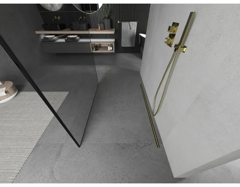 Mexen Kioto, sprchová zástena Walk-In 150 x 200 cm, 8mm sklo čierny vzor, zlatý lesklý profil, 800-150-002-50-70