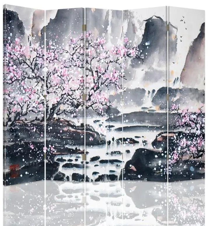 Ozdobný paraván Japonská krajina - 180x170 cm, päťdielny, klasický paraván
