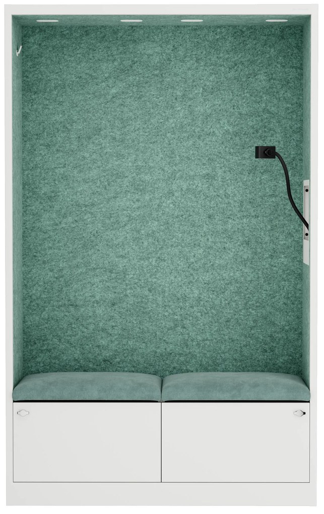 Kancelárska akustická kabína so sedadlom a portom USB-C, telo v biely farbe / sedadlo v zelenej farbe, 1150 mm: SALLY MentalBox