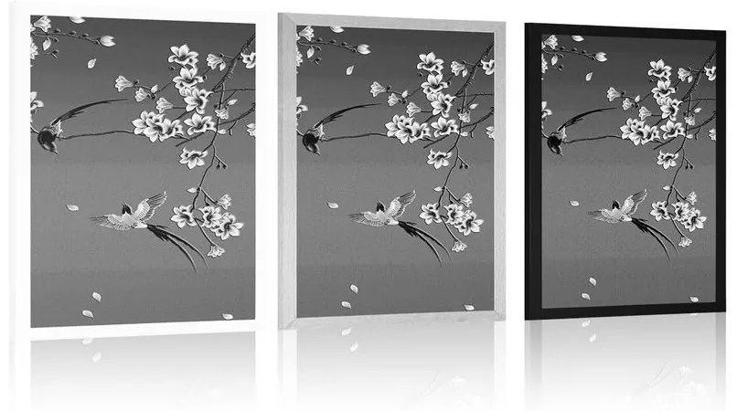 Plagát čiernobiele vtáčiky na konári stromu - 30x45 black