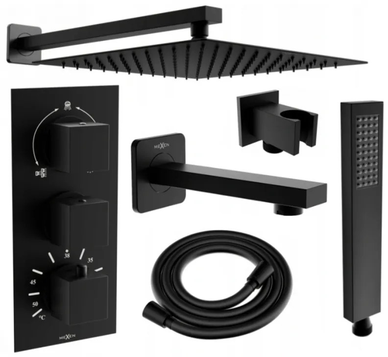 Mexen Cube DR02 podomietkový vaňový a sprchový set s hlavovou sprchou 25x25 cm (7v1), čierna, 77503DR0225-70