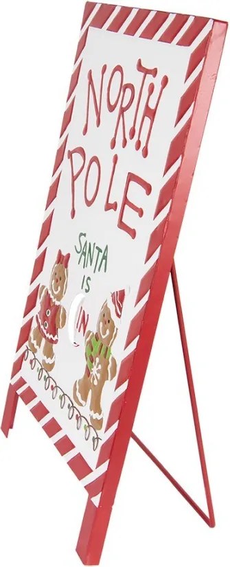 Bielo-červená vianočná kovová ceduľa North Pole - 29*16*51 cm