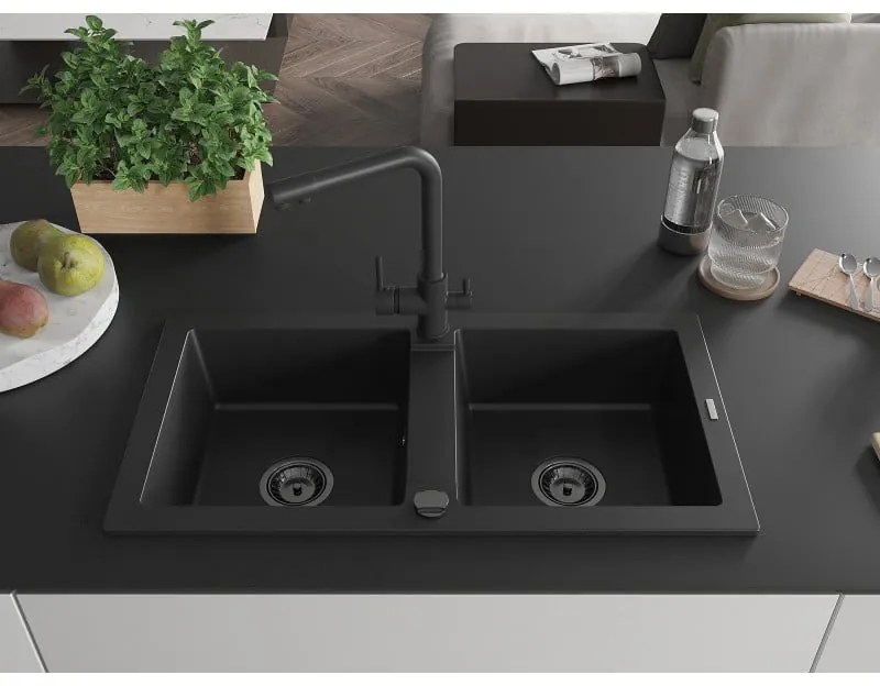 Mexen Mario, 2-komorový granitový drez 820x436x161 mm a čierna drezová batéria Duero, čierna, 6504-77-671600-70-B