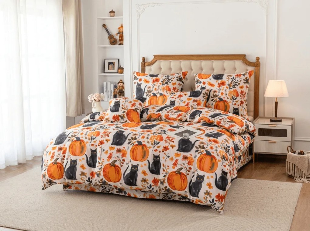 Obliečky z mikrovlákna CATS AND PUMPKINS farebné Rozmer obliečky: 2 ks 70 x 90 cm | 200 x 220 cm