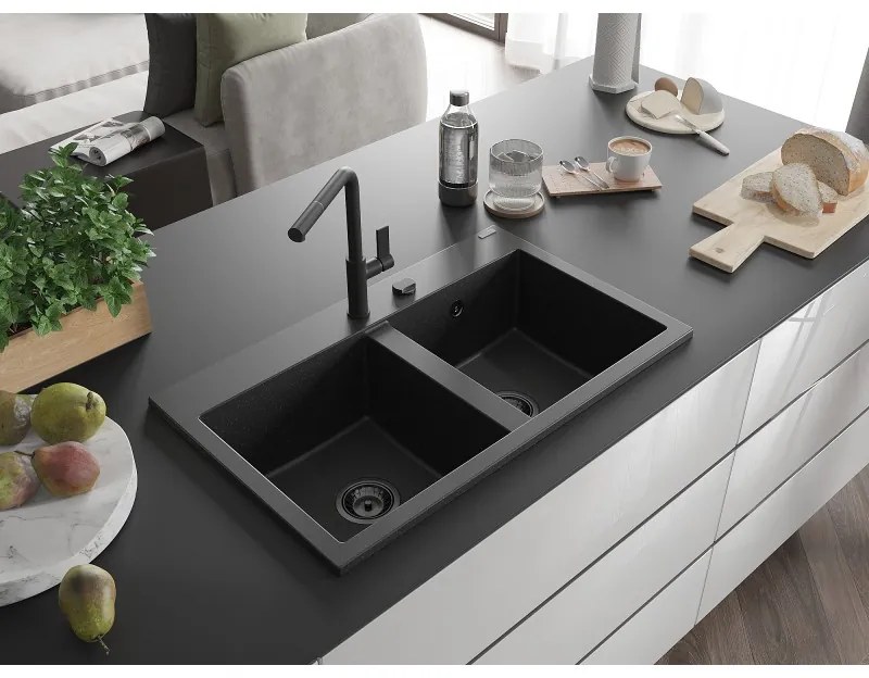 Mexen Hektor, 2-komorový granitový drez 800x480x205 mm, čierna-strieborná metalíza, grafitový sifón, 6521802000-73-B