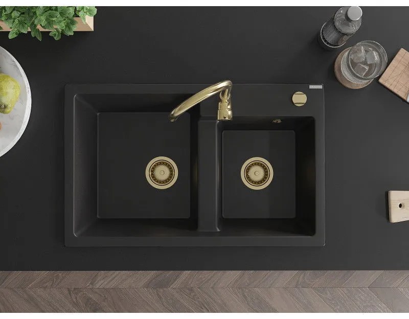 Mexen Tomas, granitový drez 800x500x190 mm, 2-komorový, čierna so zlatým sifónom, 6516802000-77-G