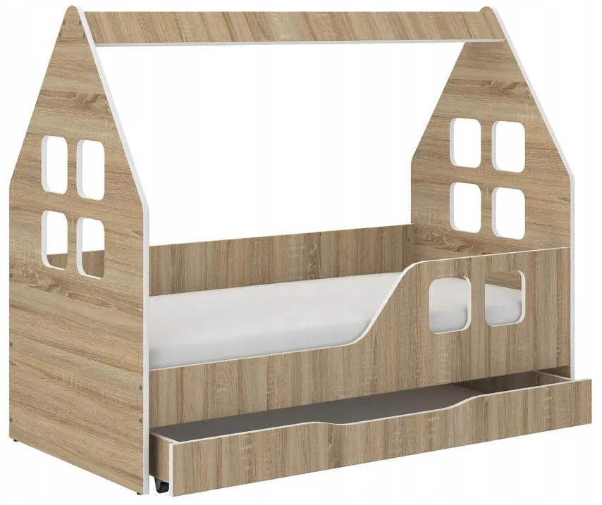 Detská posteľ domček so šuflíkom 140 x 70 cm v dekore dub sonoma pravá