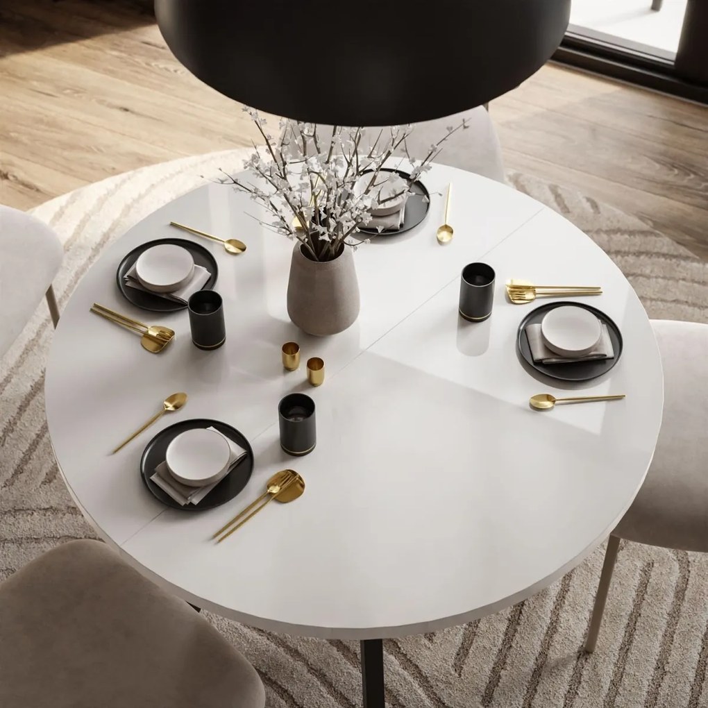 OKRÚHLY ROZKLADACÍ JEDÁLENSKÝ STÔL EWALD BIELY LESK + ČIERNE NOHY 100/140 cm