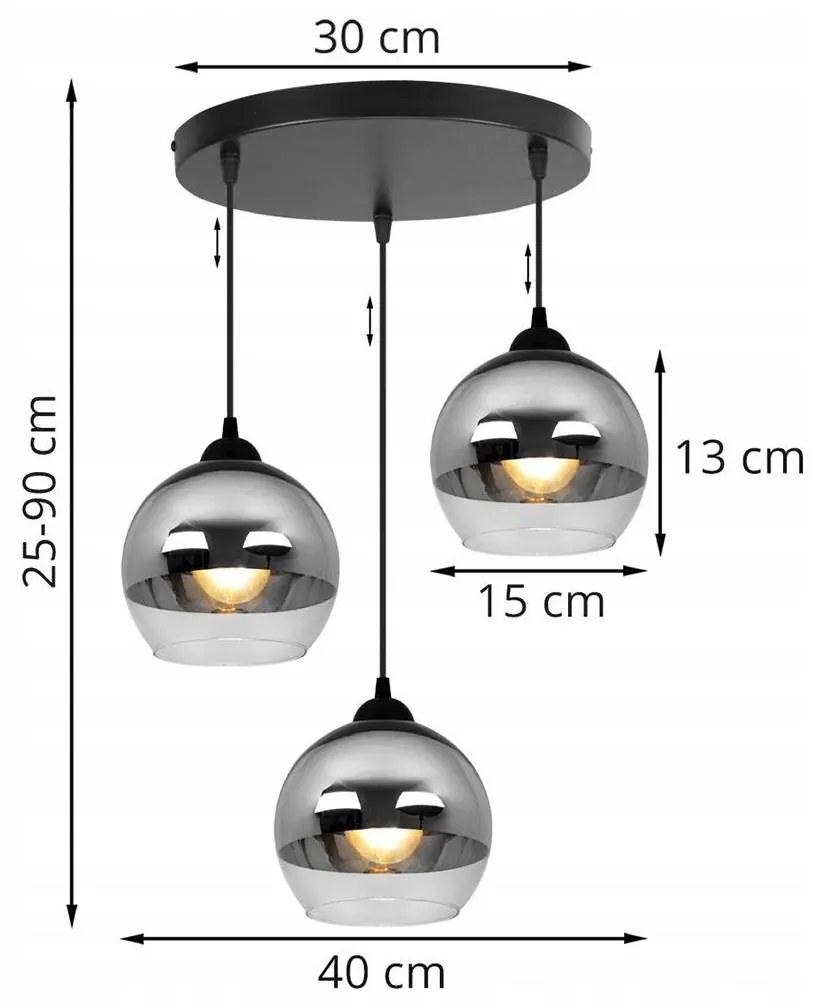 Závesné svietidlo Bergen, 3x chrómové/transparentné sklenené tienidlo (fi 15cm), o
