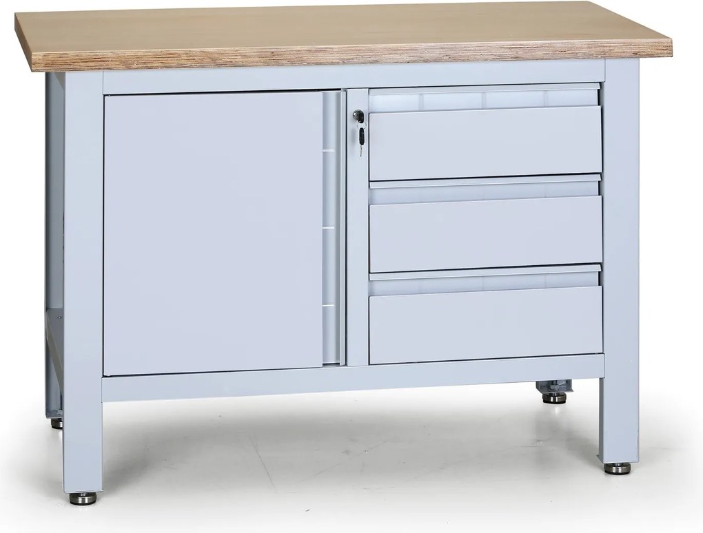Pracovný stôl do dielne EXPERT, 3 zásuvky, 1 skrinka, 1200 x 600 x 860 - 900 mm, sivá