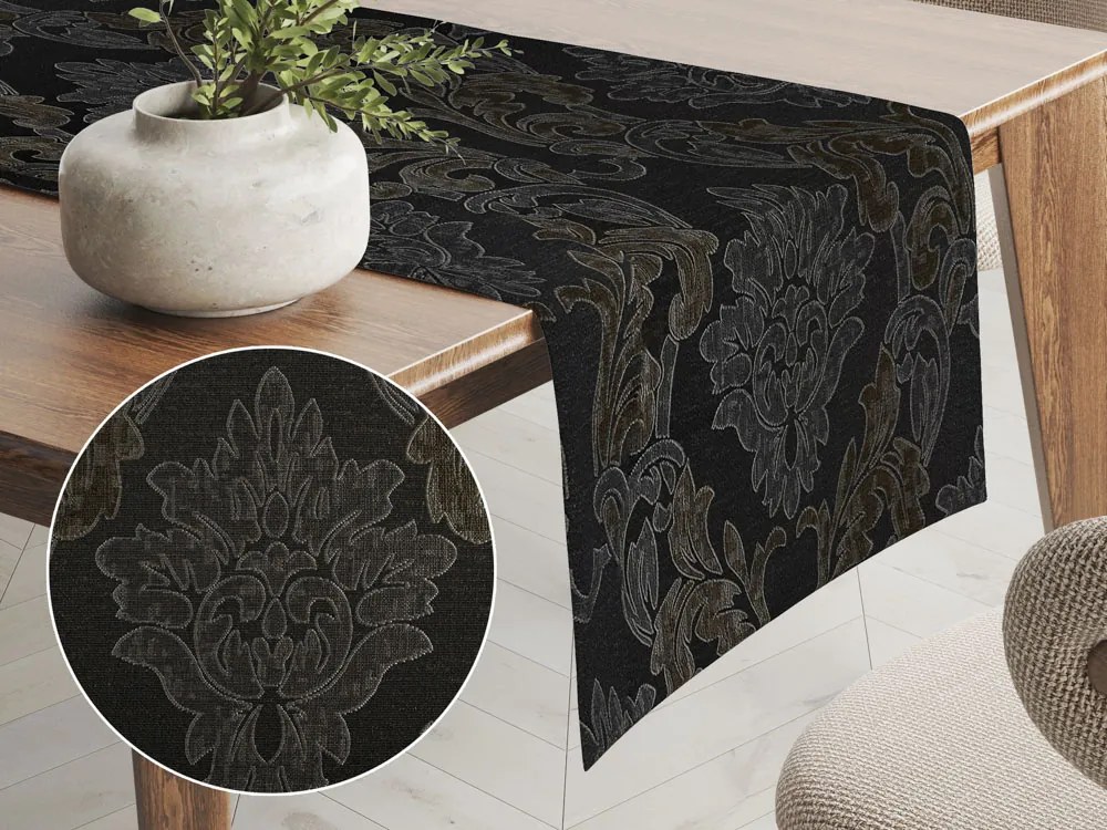 Biante Dekoračný behúň na stôl PM-081 Zámocký vzor na hnedočiernom 35x160 cm