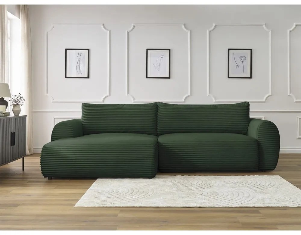 Tmavozelená menčestrová rozkladacia rohová pohovka (ľavý roh) Lucien – Bobochic Paris