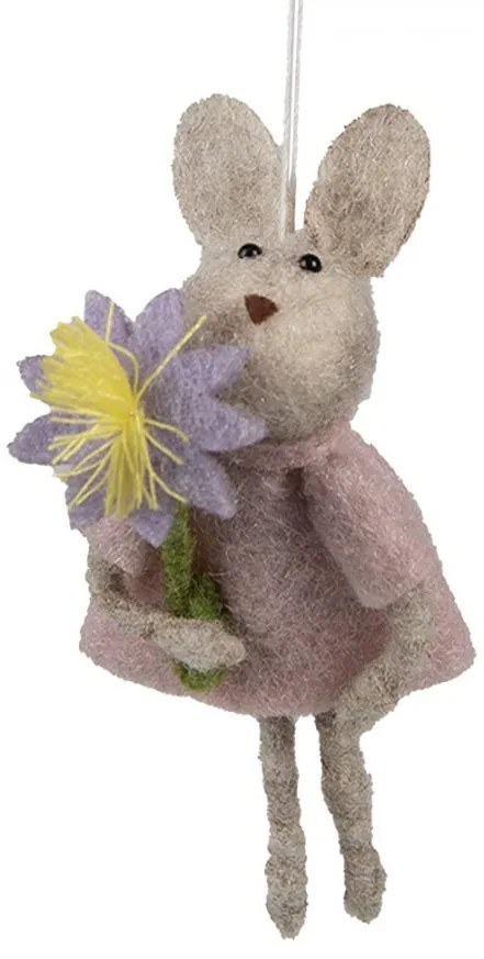 Šedý plstený závesný zajačik s kytičkou Magiccal - 11 cm