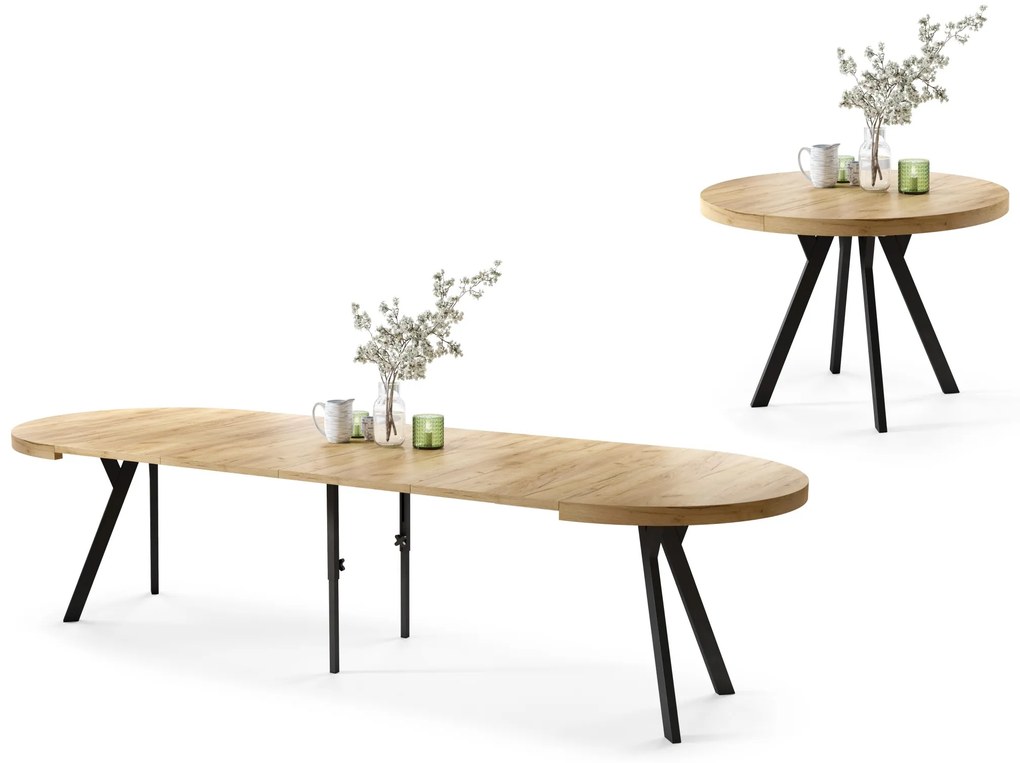 EXPANSO Dub Craft Zlatý / čierne nohy - VEĽKÝ OKRÚHLY STÔL Ø110 ROZKLADACÍ AŽ DO 310 cm S NOHAMI Y LOFTOVÝ / INDUSTRIÁLNY