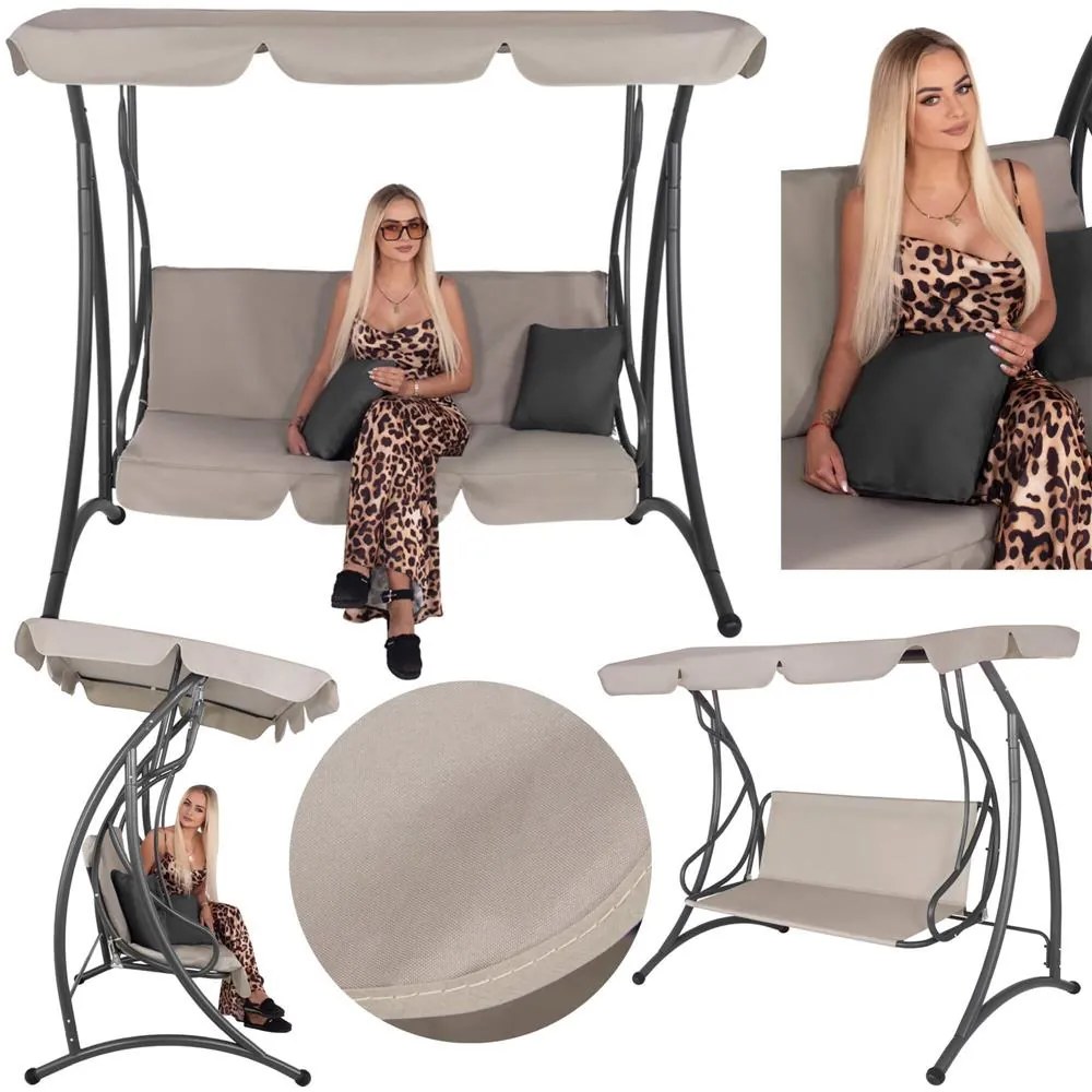 SPRINGOS 3-miestna záhradná hojdačka s nastaviteľnou strieškou, matracom a vankúšmi, béžová GS0031