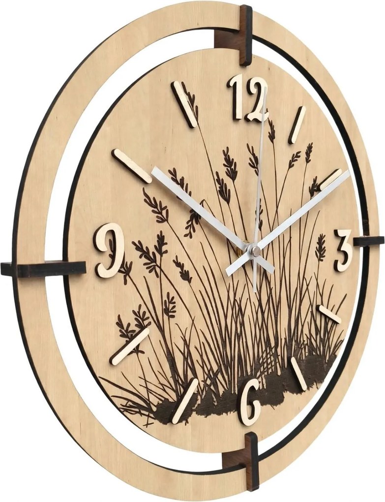Drevené nástenné hodiny s motívom lúčnych tráv | LIANA: HDF - Javor 30 cm 4809-115521 HDF0705-ruky-silver