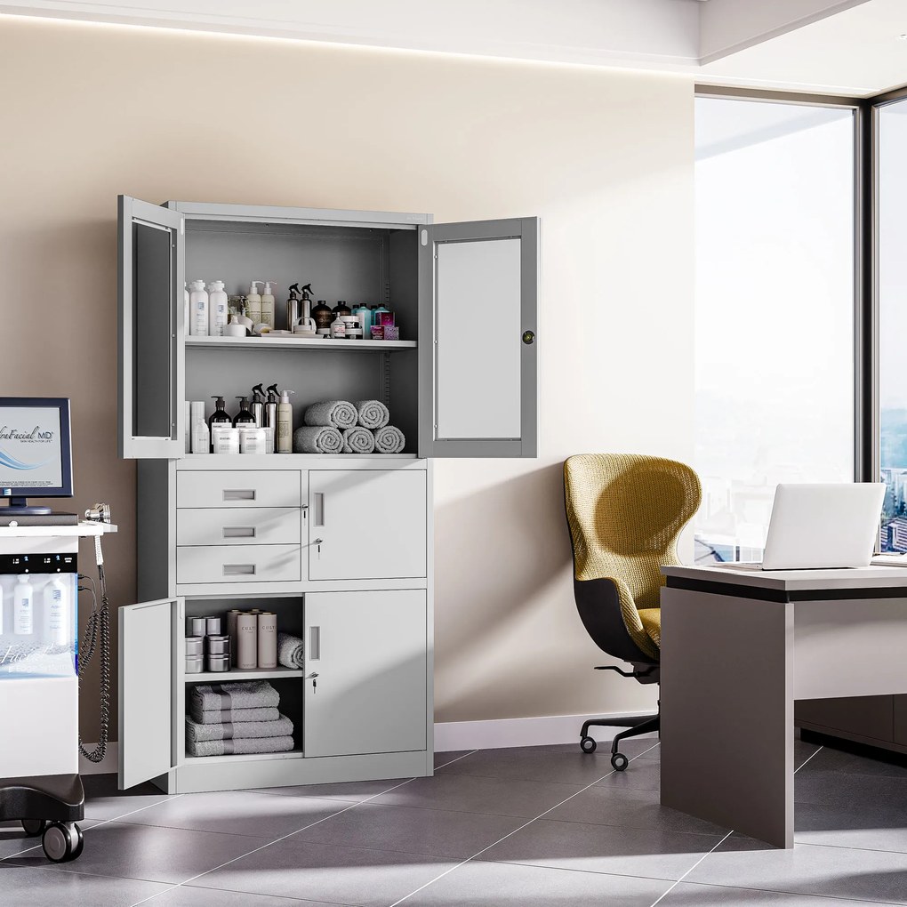 Kovová spisová skriňa so zásuvkami, vitrínou a trezorom FILIP, 900 x 1850 x 400 mm, šedá